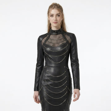 Black leather mermaid maxi dress with silver chain detail, studded gothic design, long sleeves, high neck collar, and floor length fishtail gown style - Rizwards Leather