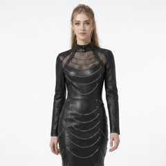 Close front view of high neck black leather dress with fishnet mesh panels, silver chains, studded details, and gothic long sleeve evening gown style - Rizwards Leather