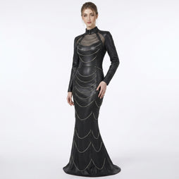 Black leather mermaid maxi dress with silver chain detail, studded gothic design, long sleeves, high neck collar, and floor length fishtail gown style - Rizwards Leather