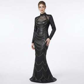 Black leather mermaid maxi dress with silver chain detail, studded gothic design, long sleeves, high neck collar, and floor length fishtail gown style - Rizwards Leather
