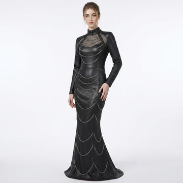 Black leather mermaid maxi dress with silver chain detail, studded gothic design, long sleeves, high neck collar, and floor length fishtail gown style - Rizwards Leather