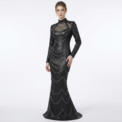 Black leather mermaid maxi dress with silver chain detail, studded gothic design, long sleeves, high neck collar, and floor length fishtail gown style - Rizwards Leather
