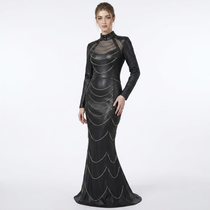 Black leather mermaid maxi dress with silver chain detail, studded gothic design, long sleeves, high neck collar, and floor length fishtail gown style - Rizwards Leather