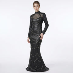 Black leather mermaid maxi dress with silver chain detail, studded gothic design, long sleeves, high neck collar, and floor length fishtail gown style - Rizwards Leather