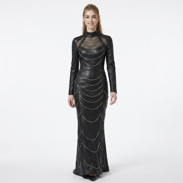 Black leather mermaid maxi dress with silver chain detail, studded gothic design, long sleeves, high neck collar, and floor length fishtail gown style - Rizwards Leather