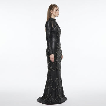 Black leather mermaid maxi dress with silver chain detail, studded gothic design, long sleeves, high neck collar, and floor length fishtail gown style - Rizwards Leather