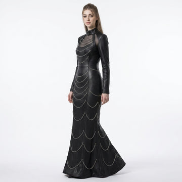 Black leather mermaid maxi dress with silver chain detail, studded gothic design, long sleeves, high neck collar, and floor length fishtail gown style - Rizwards Leather