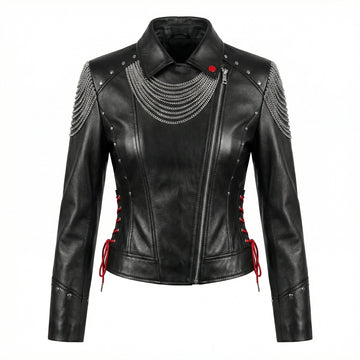 Women’s black leather gothic cyberpunk biker jacket back view with silver chain draping, studded rivets, and red lace-up details