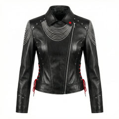 Close-up front view of women’s black leather punk biker jacket with pointed collar, zipper front, silver chains, and stud accents