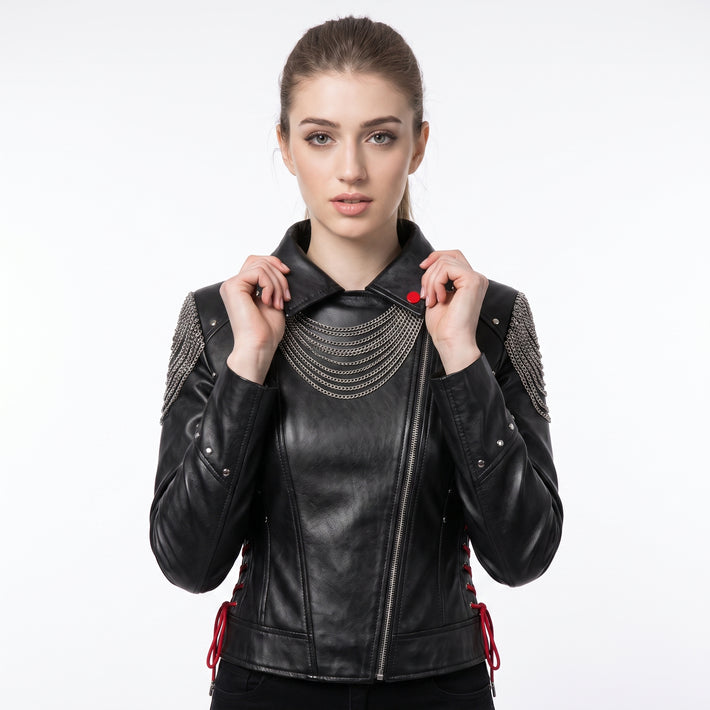 Women’s black leather gothic cyberpunk biker jacket back view with silver chain draping, studded rivets, and red lace-up details
