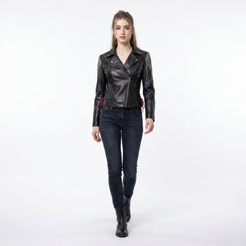 Women’s black leather gothic cyberpunk biker jacket back view with silver chain draping, studded rivets, and red lace-up details