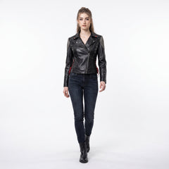 Full body front view of women’s black gothic leather jacket with biker style, fitted waist, chain accents, and punk details