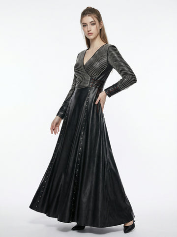 Women’s black leather gothic maxi dress with long sleeves, fitted waist, and flared skirt in full body view - Rizwards Leather