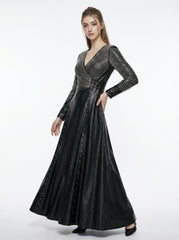 Black leather long sleeve dress for women with elegant flared skirt and premium gothic fashion styling - Rizwards Leather