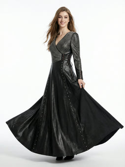Women’s black leather gothic maxi dress with long sleeves, fitted waist, and flared skirt in full body view - Rizwards Leather