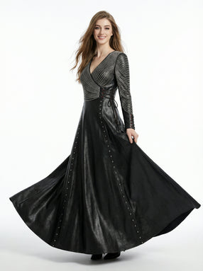 Women’s black leather gothic maxi dress with long sleeves, fitted waist, and flared skirt in full body view - Rizwards Leather
