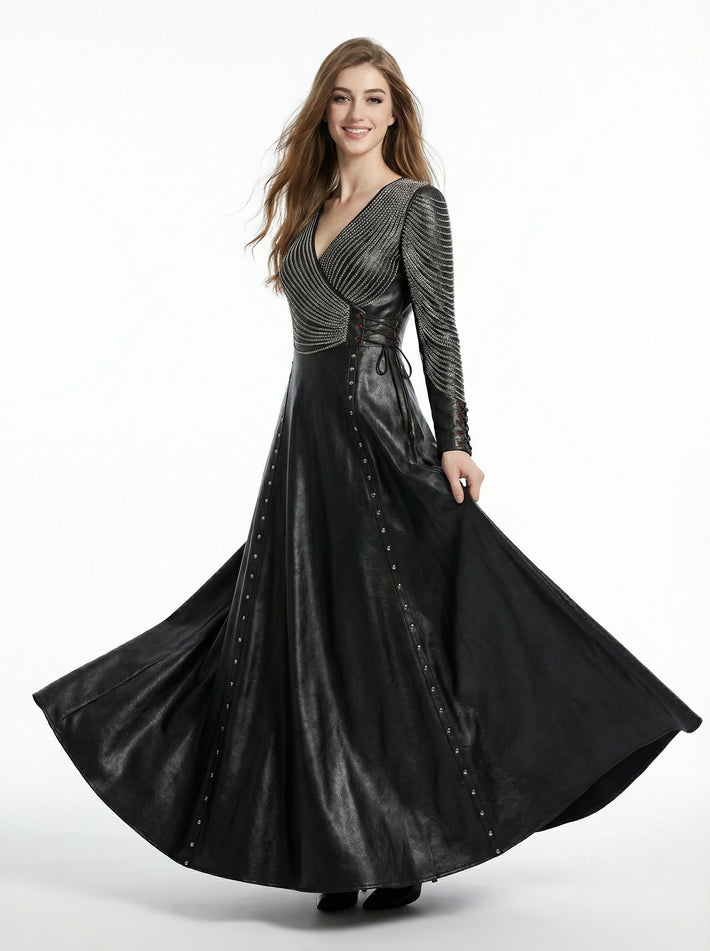 Women’s black leather gothic maxi dress with long sleeves, fitted waist, and flared skirt in full body view - Rizwards Leather