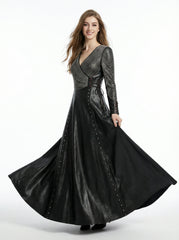 Women’s black leather gothic maxi dress with long sleeves, fitted waist, and flared skirt in full body view - Rizwards Leather