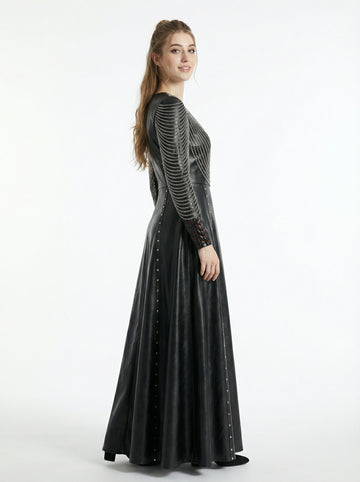 Women’s black leather gothic maxi dress with long sleeves, fitted waist, and flared skirt in full body view - Rizwards Leather