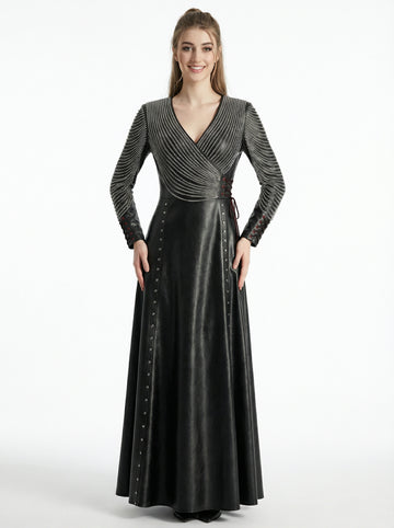 Women’s black leather gothic maxi dress with long sleeves, fitted waist, and flared skirt in full body view - Rizwards Leather