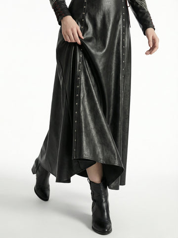 Women’s black leather gothic maxi dress with long sleeves, fitted waist, and flared skirt in full body view - Rizwards Leather
