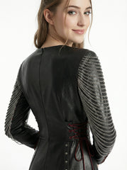 Women’s black leather gothic dress with textured sleeves, fitted waist, and elegant full-length design - Rizwards Leather