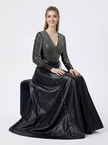 Women’s black leather gothic maxi dress with long sleeves, fitted waist, and flared skirt in full body view - Rizwards Leather