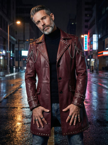 Burgundy Leather Trench Coat | Studded Cyberpunk Leather Jacket for Men | Gothic Chain Leather Coat | Winter Wedding Coat Gift for Him