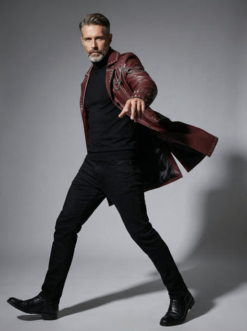 Burgundy Leather Trench Coat | Studded Cyberpunk Leather Jacket for Men | Gothic Chain Leather Coat | Winter Wedding Coat Gift for Him