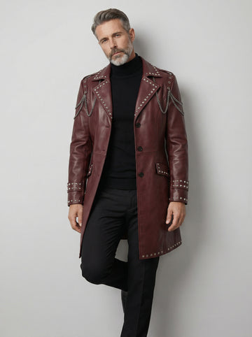 Burgundy Leather Trench Coat | Studded Cyberpunk Leather Jacket for Men | Gothic Chain Leather Coat | Winter Wedding Coat Gift for Him