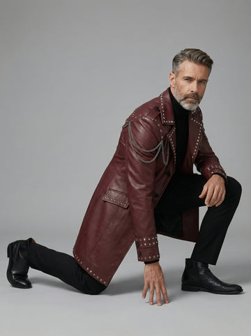 Burgundy Leather Trench Coat | Studded Cyberpunk Leather Jacket for Men | Gothic Chain Leather Coat | Winter Wedding Coat Gift for Him