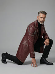 Burgundy Leather Trench Coat | Studded Cyberpunk Leather Jacket for Men | Gothic Chain Leather Coat | Winter Wedding Coat Gift for Him