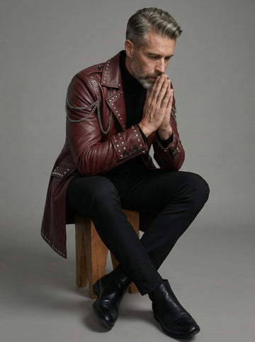 Burgundy Leather Trench Coat | Studded Cyberpunk Leather Jacket for Men | Gothic Chain Leather Coat | Winter Wedding Coat Gift for Him