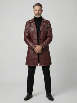Burgundy Leather Trench Coat | Studded Cyberpunk Leather Jacket for Men | Gothic Chain Leather Coat | Winter Wedding Coat Gift for Him