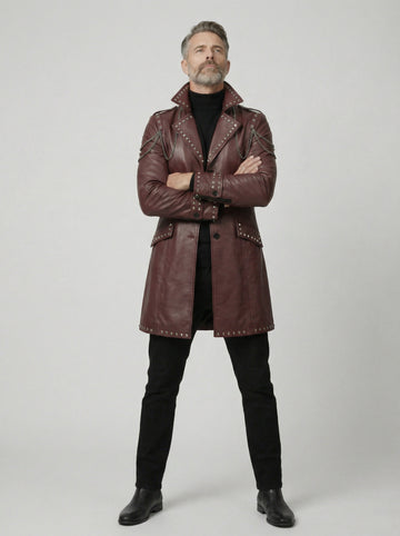Burgundy Leather Trench Coat | Studded Cyberpunk Leather Jacket for Men | Gothic Chain Leather Coat | Winter Wedding Coat Gift for Him