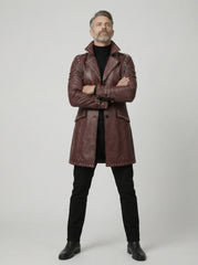 Burgundy Leather Trench Coat | Studded Cyberpunk Leather Jacket for Men | Gothic Chain Leather Coat | Winter Wedding Coat Gift for Him