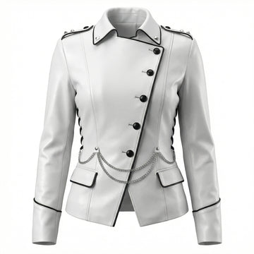 White custom blazer women leather jacket with studded chain detail, black buttons, pointed collar and punk biker fitted style – Rizwards Leather