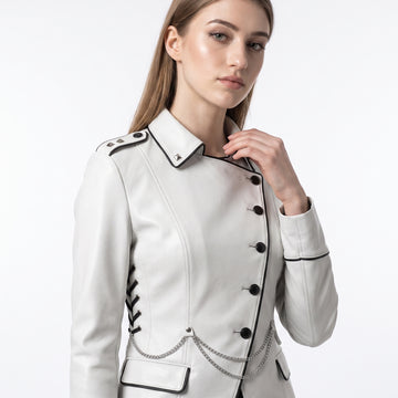 White custom blazer women leather jacket with studded chain detail, black buttons, pointed collar and punk biker fitted style – Rizwards Leather