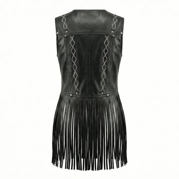 Women Black leather corset top with chain detail and fringe