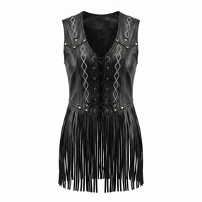 Women Black leather vest top with chain detail and fringe