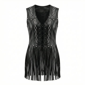 Women Black leather corset top with chain detail and fringe