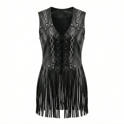 Women Black leather vest top with chain detail and fringe