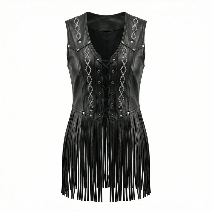 Women Black leather corset top with chain detail and fringe