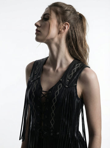 Women Black leather corset top with chain detail and fringe