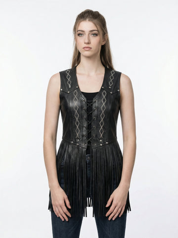 Women Black leather corset top with chain detail and fringe
