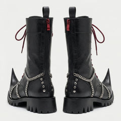 Gothic Leather Boots for Women, Black Chain Combat Boots, Cyberpunk Witch Boots, Medieval Fantasy Punk Platform Boots