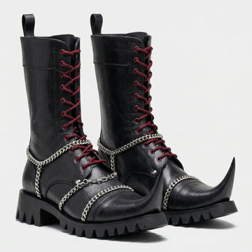 Mens Black Leather Jacket & Gothic Leather Boots | Witch Toe Chain Combat Boots | Punk Biker Cyberpunk Medieval Outfit