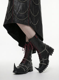 Gothic Leather Boots for Women, Black Chain Combat Boots, Cyberpunk Witch Boots, Medieval Fantasy Punk Platform Boots