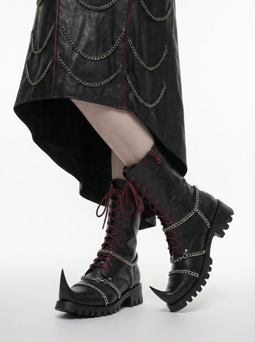 Gothic Leather Boots for Women, Black Chain Combat Boots, Cyberpunk Witch Boots, Medieval Fantasy Punk Platform Boots