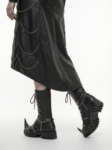 Gothic Leather Boots for Women, Black Chain Combat Boots, Cyberpunk Witch Boots, Medieval Fantasy Punk Platform Boots